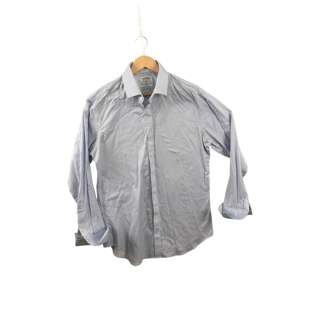 T.M. Lewin Men’s‎ 16.5 34/35 Blue White Stripe Fitted Non-Iron Dress Shirt